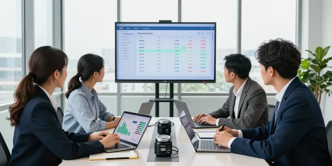 Team discussing half hourly meter data analysis in a modern office.