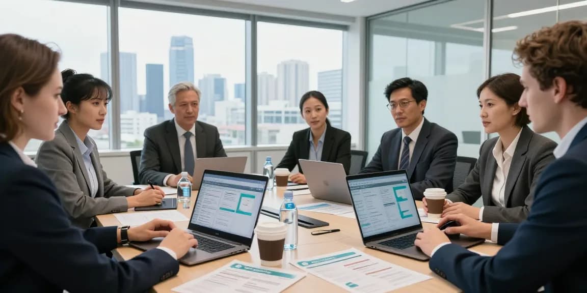 Business professionals analyzing EE vs Three business plans during a collaborative meeting in a modern office.
