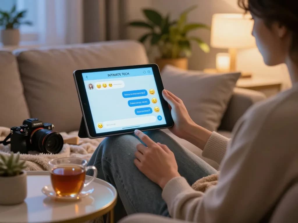 A person enjoying ai sex chat on a tablet in a cozy living room setting with ambient lighting.