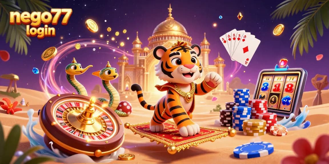 Experience seamless access with nego77 login in a vibrant casino-themed illustration.