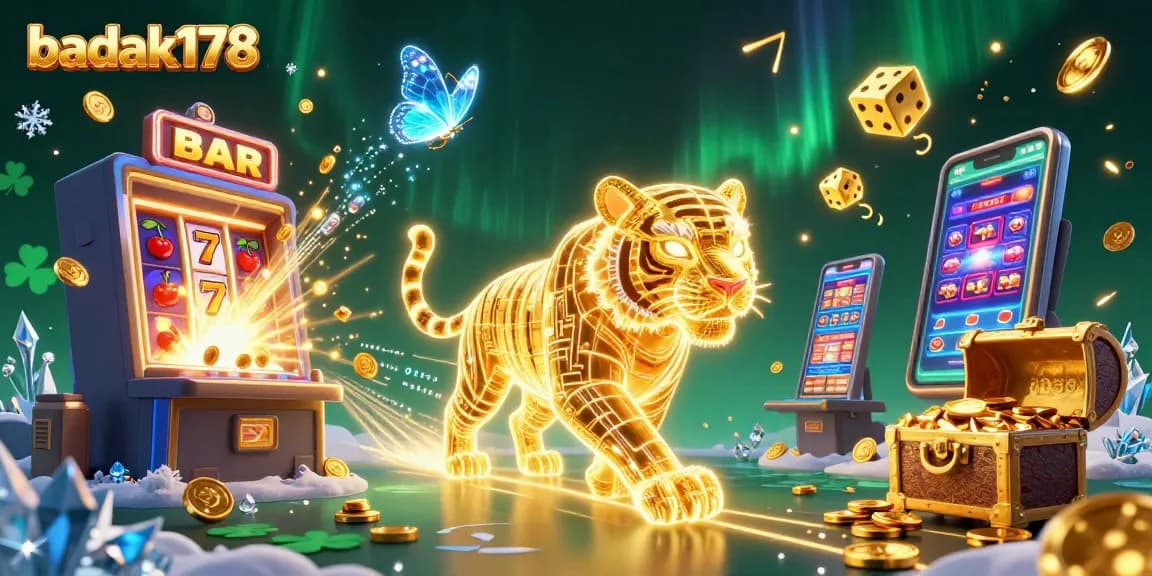 Experience thrilling jackpots at badak178 with epic slot machines and golden dice in a vibrant casino landscape.