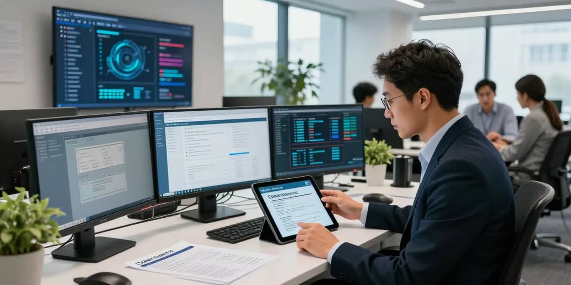 Cyber Essentials questionnaire analysis by cybersecurity expert in a modern office setting, showcasing professional compliance efforts.