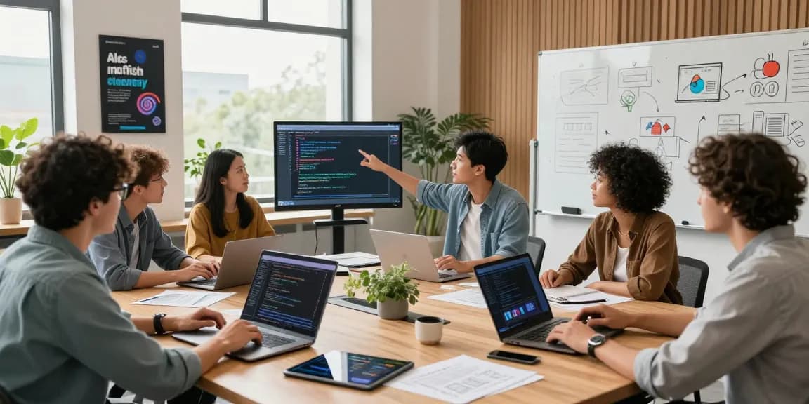 Dynamic team building internal tools with AI in a modern office setting with laptops and collaboration.