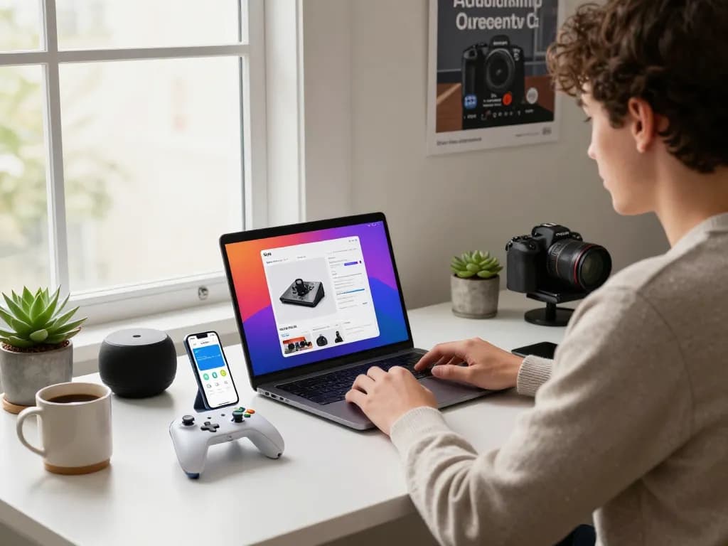 Affordable tech gadgets showcased in a modern home office with multiple devices and a warm atmosphere.