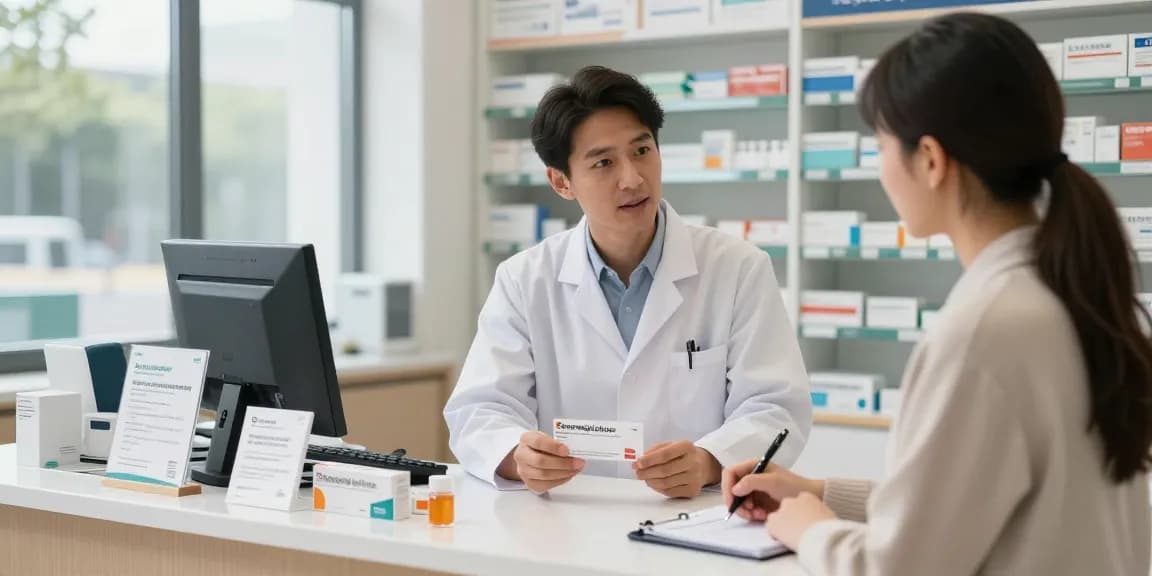 Engaged pharmacist discussing how to order semaglutide Canada with a customer in a modern pharmacy setting.