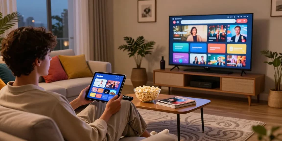 Pikashow APK download shown on tablet in modern living room setting, illustrating a cozy streaming experience.