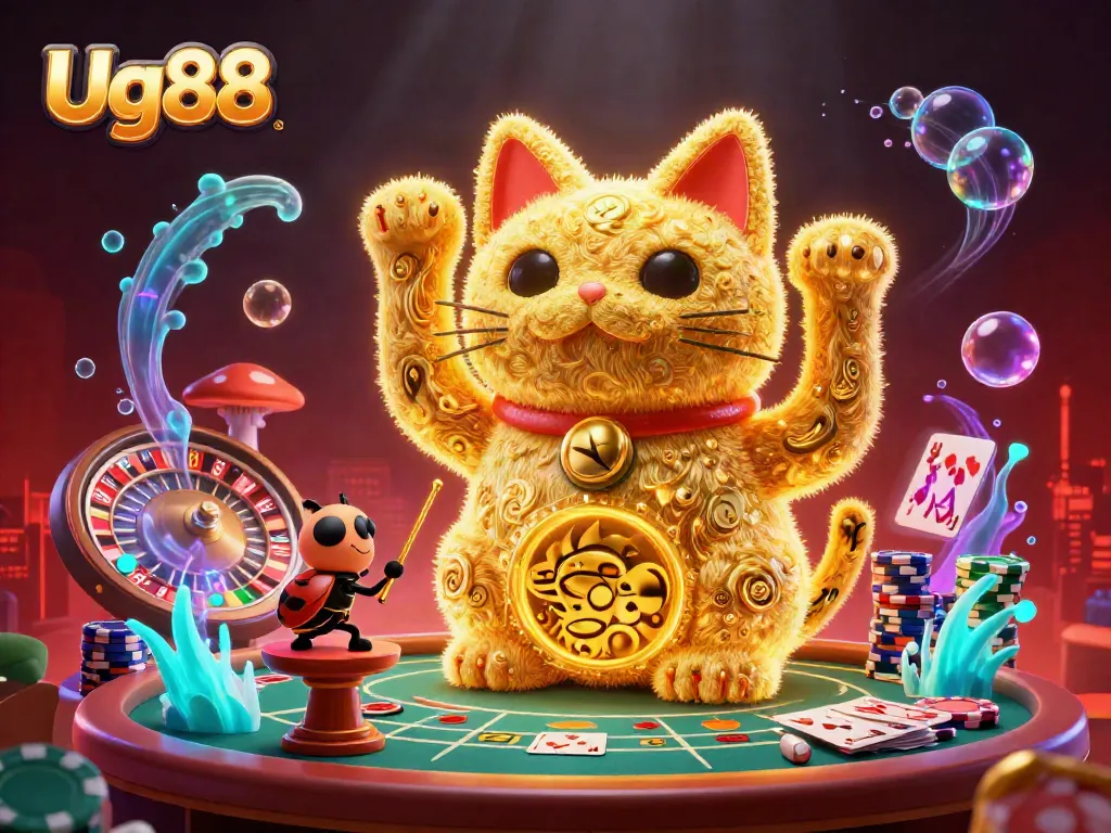 Experience Ug88's casino adventure with dynamic fireflies, lucky cat, poker chips, and a vibrant roulette wheel.