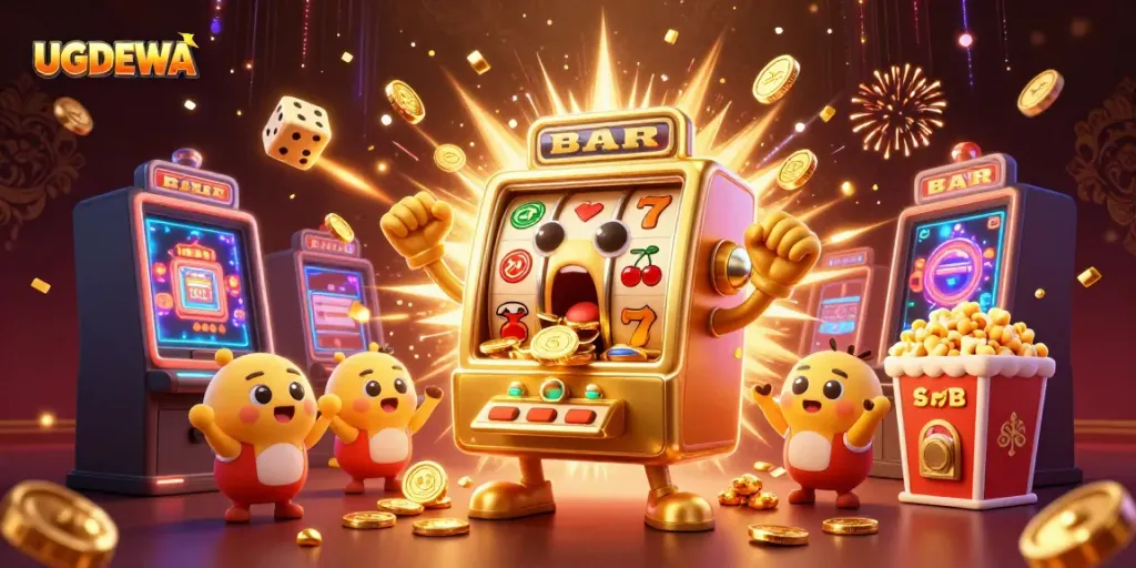 UGDEWA slot machine hits jackpot, unleashing coins in an exciting casino scene.