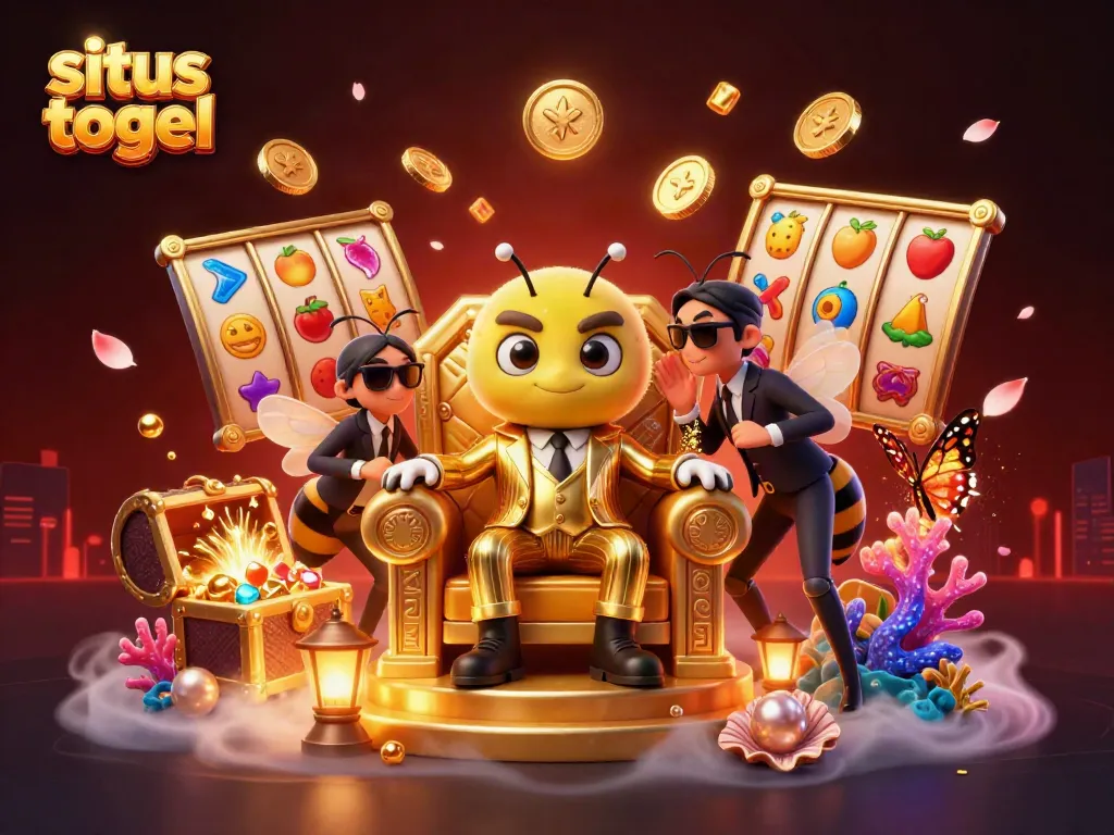 Engage with situs togel through vibrant slot reels and an animated scene featuring dynamic characters.