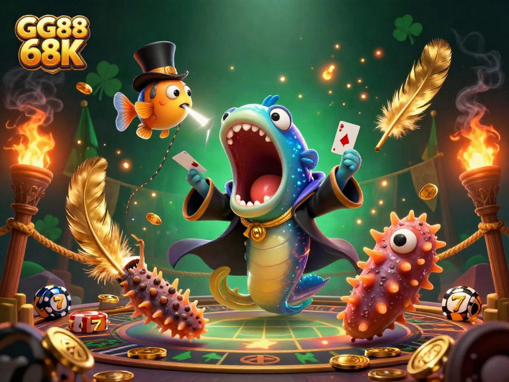 Engage in exciting gameplay with GG88 68K as a bioluminescent gulper eel performs tricks in a dazzling casino scene.
