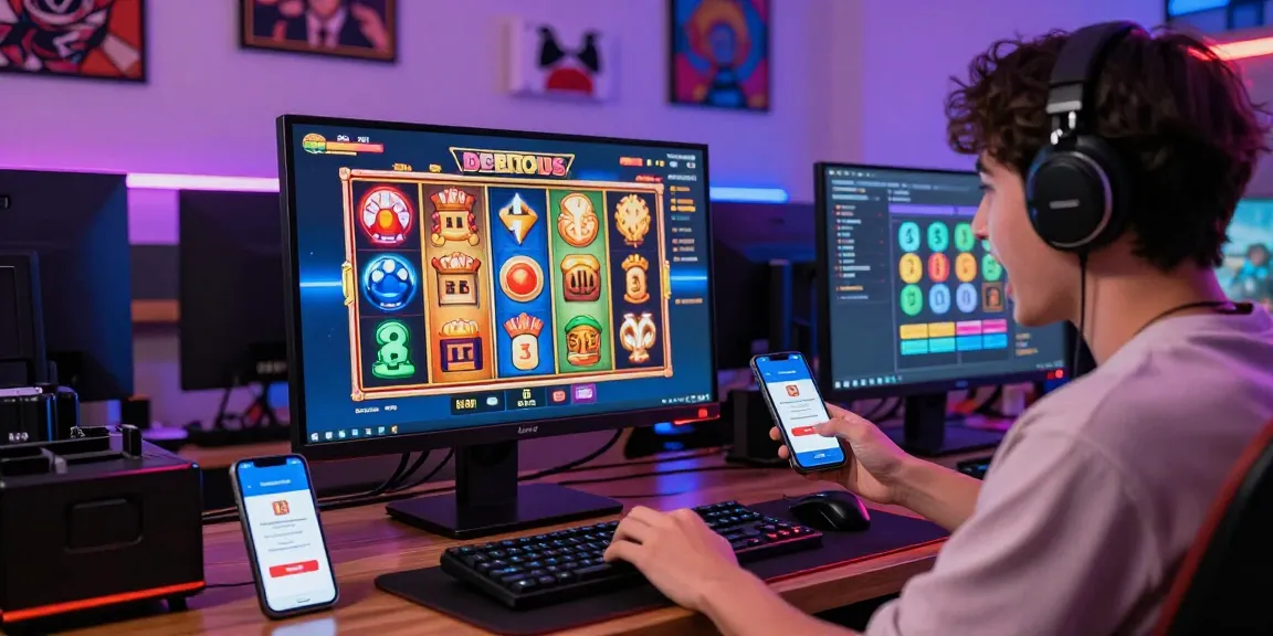 Gaming scene showing player using depo pulsa 10k tanpa potongan for online slot with vibrant visuals.