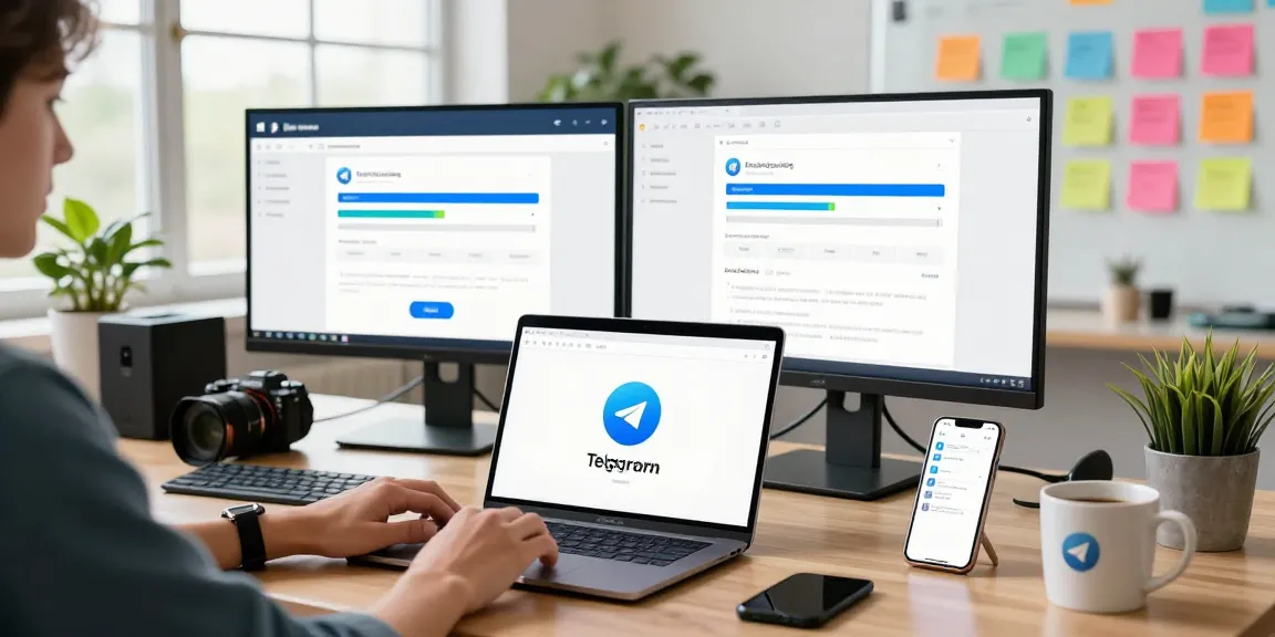 Experience seamless connection with Telegram Download on multiple devices in a bright tech workspace.