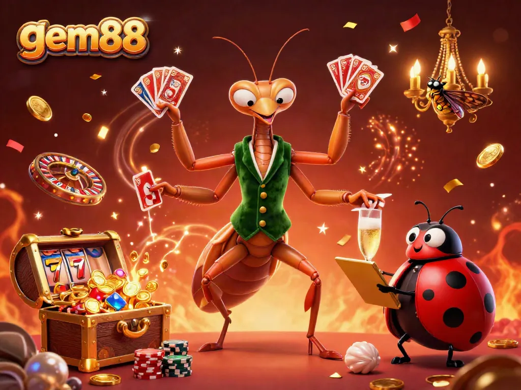 Experience the thrilling games at gem88 with engaging characters and vibrant casino elements.