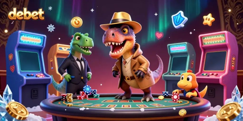 Engaging debet gaming scene showcasing a velociraptor at blackjack table, surrounded by game elements.