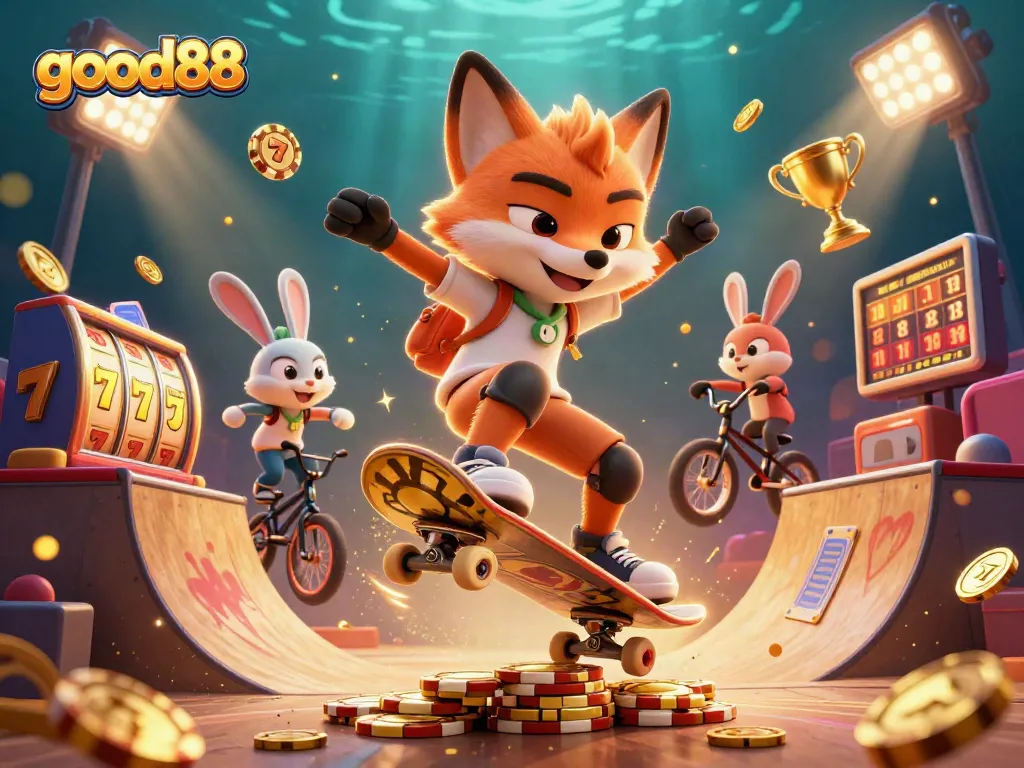 Experience dynamic gameplay at good88 with an energetic 3D casino scene featuring fox and rabbit characters.