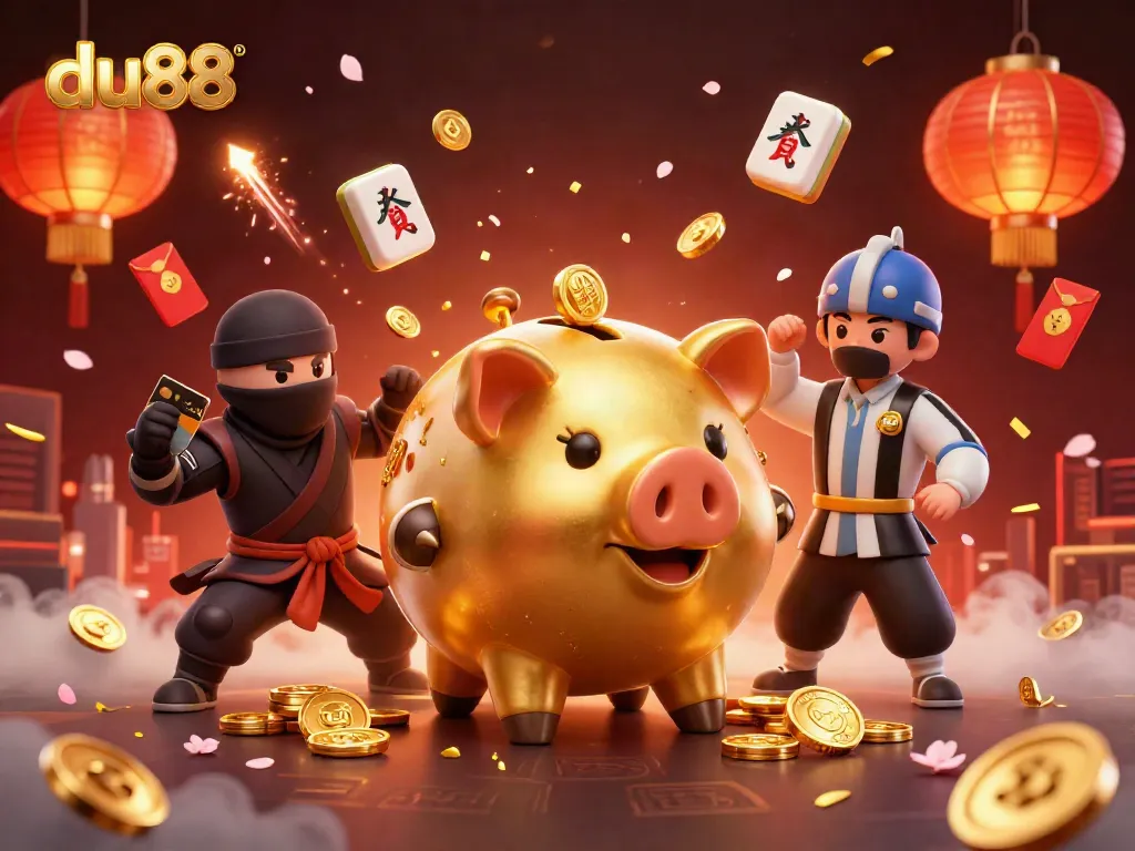 Engage with du88's vibrant casino world through an illustration of lively 3D characters and elements.