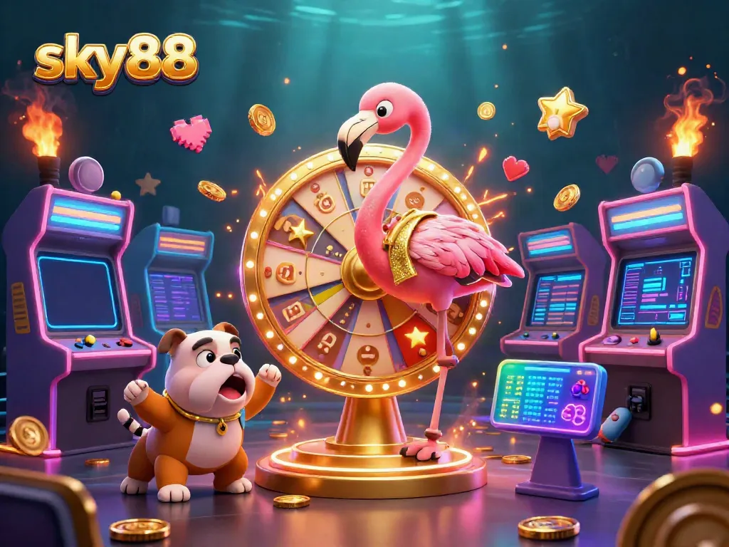 Spin the giant prize wheel at sky88 with characters showcasing excitement in a casino-themed scene.