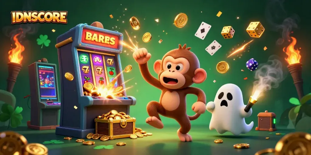 Experience the thrill of IDNSCORE with a poltergeist monkey juggling golden coins in a vibrant casino scene.