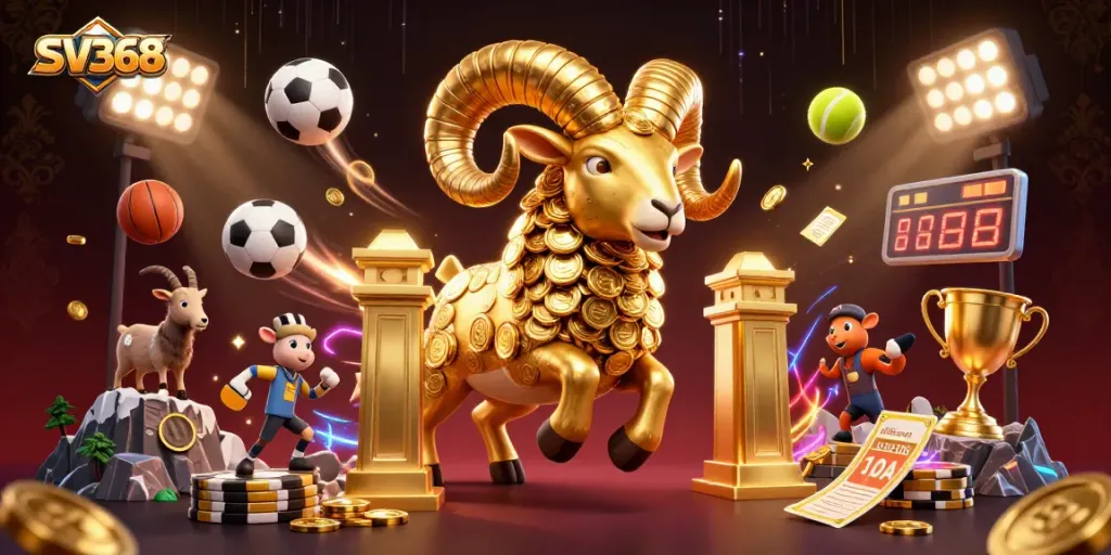 Engage with SV368's dynamic betting scene featuring a golden ram and sports elements.