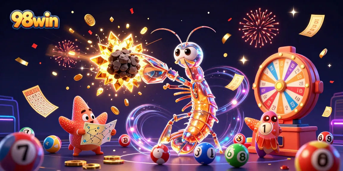 Engage with 98win as a galactic samurai mantis shrimp bursts through an asteroid, surrounded by vibrant lottery elements.