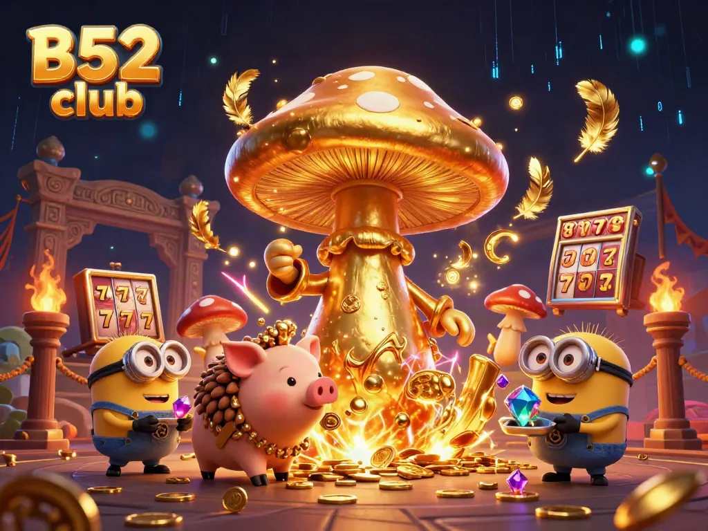 Engage with B52 club's vibrant gaming atmosphere showcasing a dynamic 3D scene filled with treasures and action.