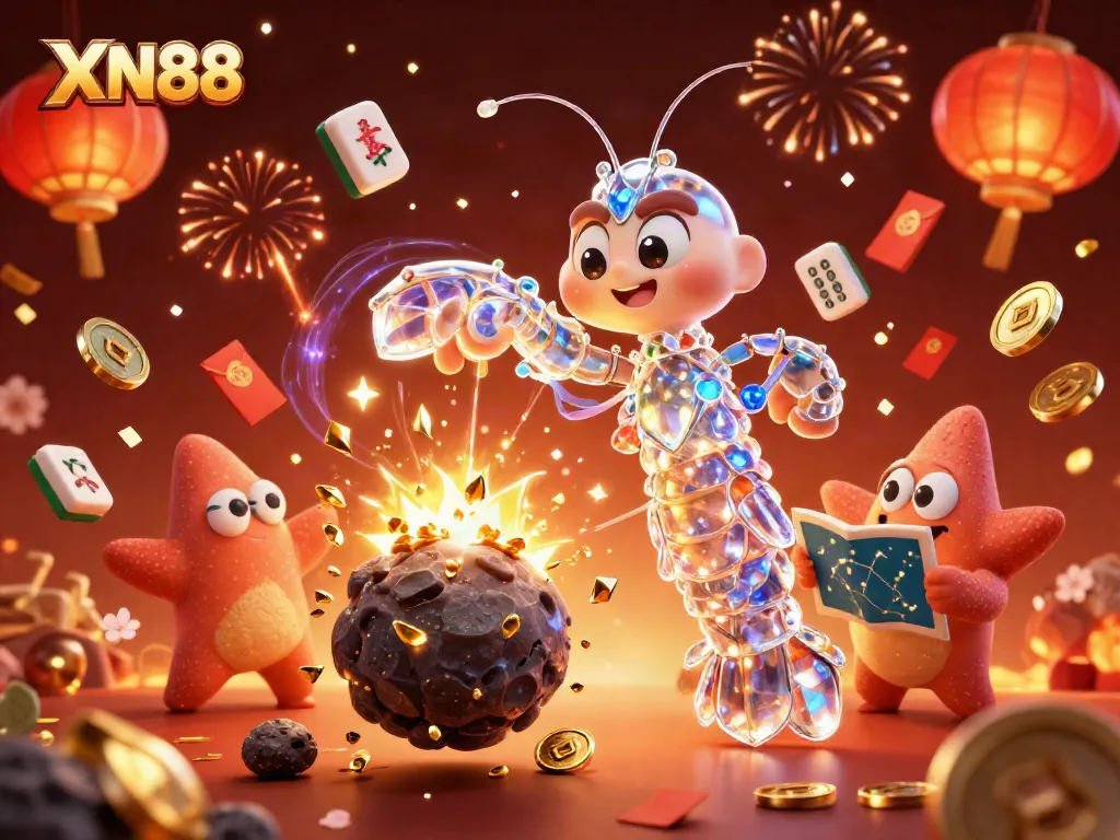 Experience thrilling gameplay with XN88 as dynamic characters burst through an exploding asteroid of gems.