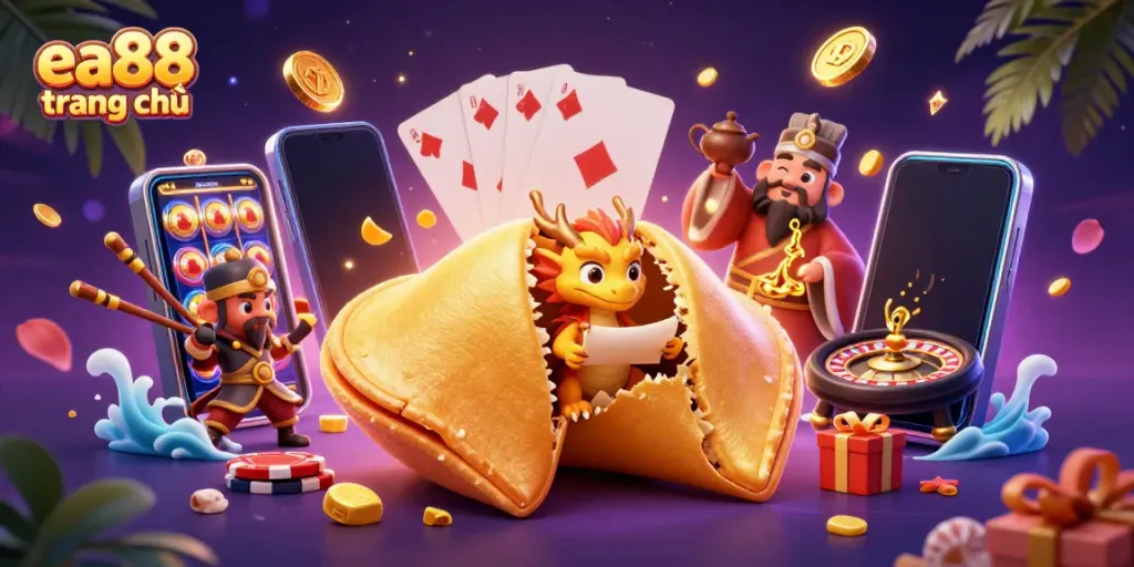 Engage with the vivid ea88 trang chủ scene showcasing a dynamic illustration of a fortune cookie with gaming elements.