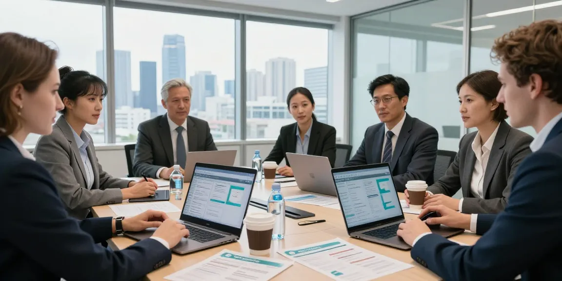 Business professionals analyzing EE vs Three business plans during a collaborative meeting in a modern office.