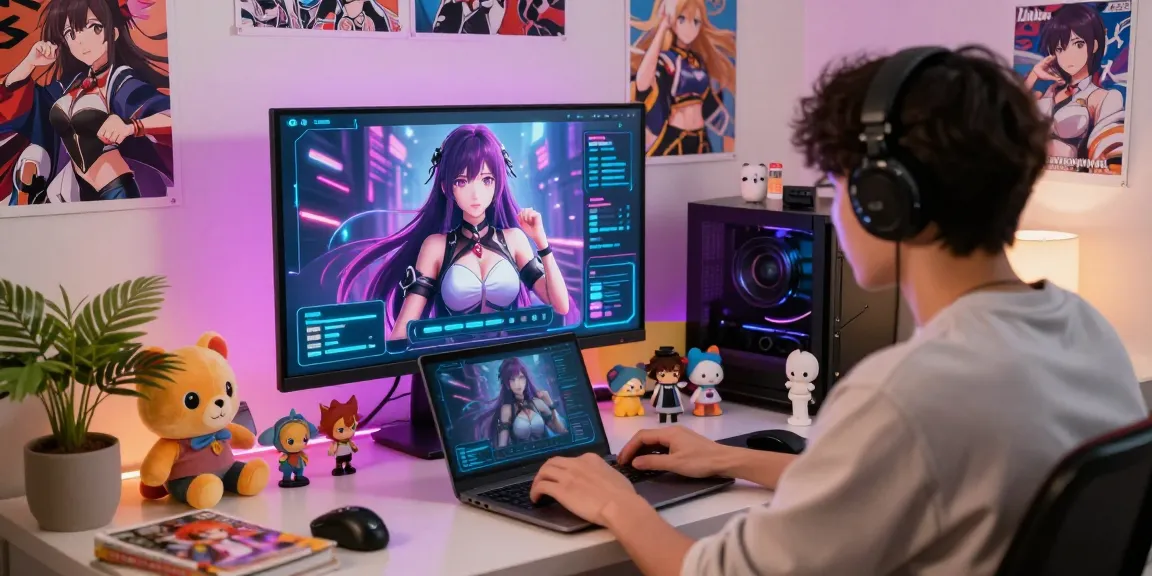 Engaging hentai chat ai interaction in a cozy home office with vibrant anime décor.