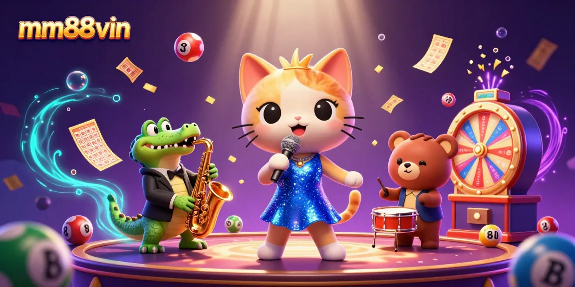 Engage with mm88vin's vibrant casino experience featuring colorful lottery elements and playful characters.