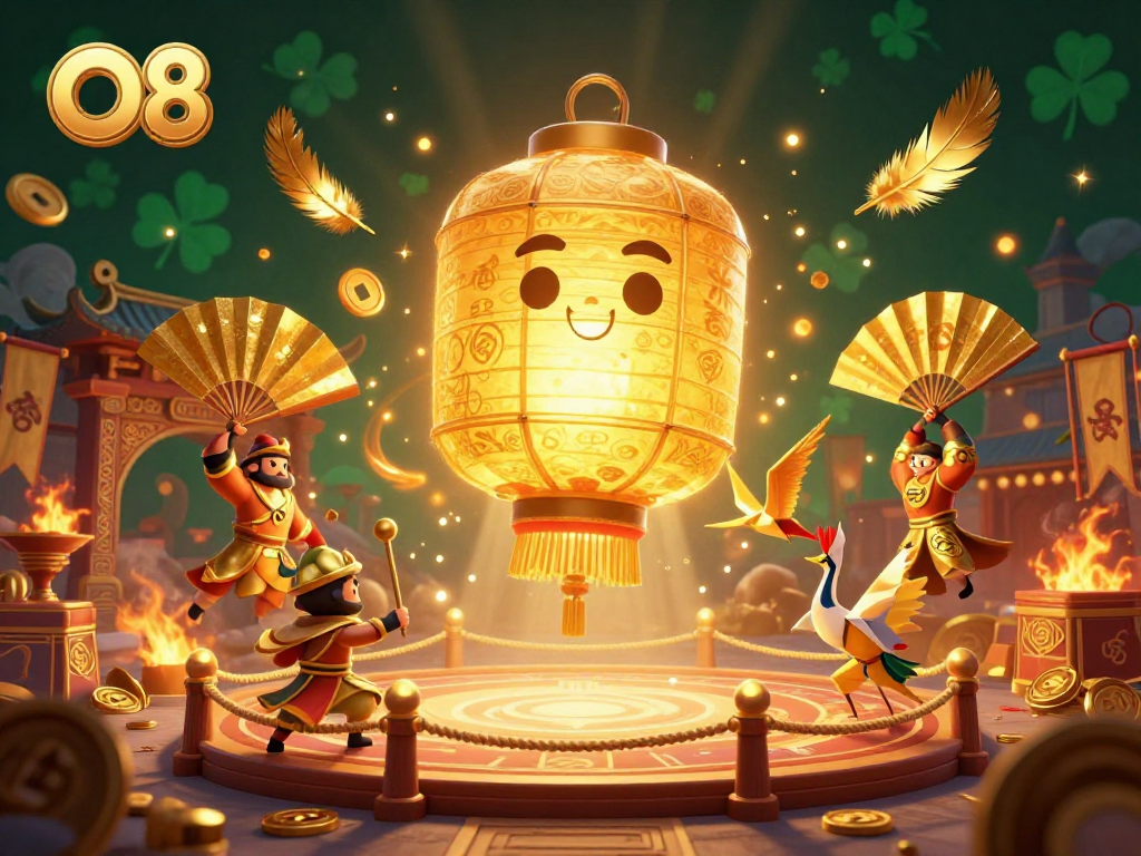 Experience the thrill of O8's vibrant casino, where golden lantern spirits float amidst dynamic game elements and festive atmosphere.