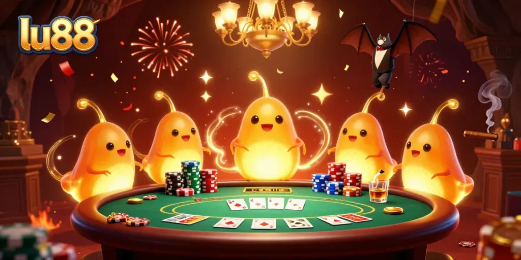Experience the excitement of LU88 as glowworms illuminate a vibrant cave casino with poker elements.