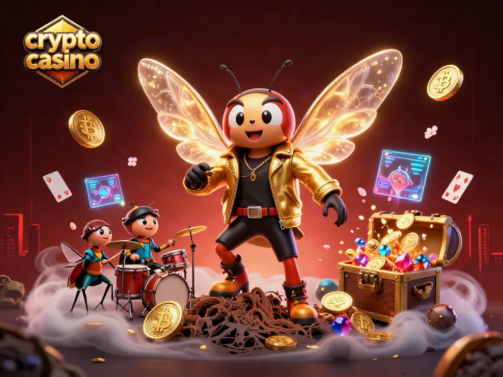 Giocare in un crypto casino con Bitcoin mentre un rockstar di cicala suona insieme a batterista e cori vibranti.