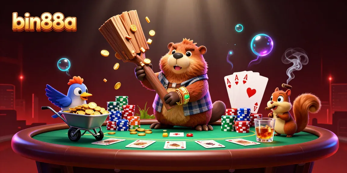 Experience thrilling action at bin88a with a lively beaver and friends amidst vibrant casino elements and golden coins.