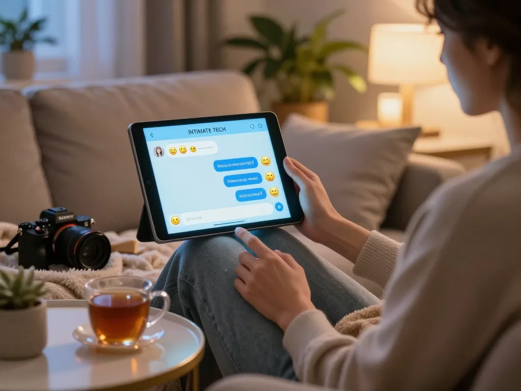 A person enjoying ai sex chat on a tablet in a cozy living room setting with ambient lighting.