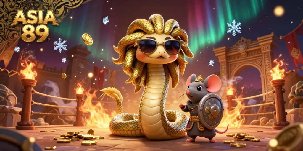 Experience immersive gameplay with ASIA 89 featuring Medusa and warrior mouse in a rich casino arena.