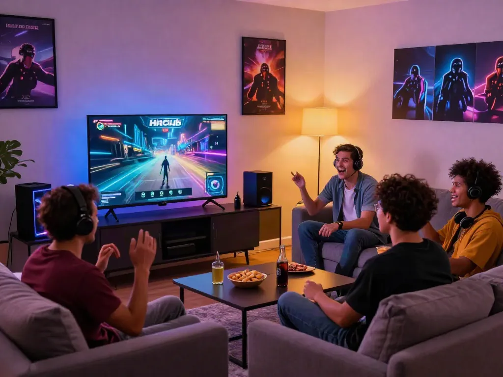 Enjoying an online gaming session at https://hitclub3.io/ with friends in a vibrant setting.