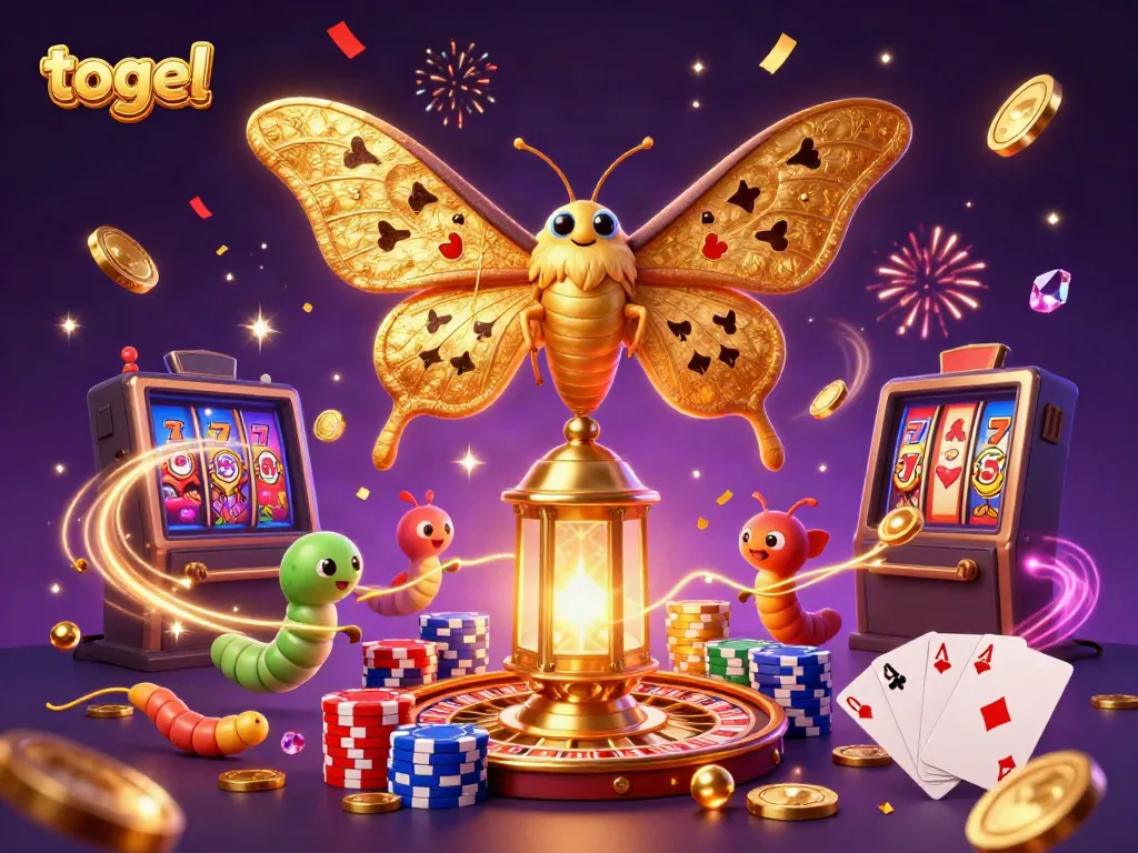 Engaging scene of togel-themed 3D illustration with golden coins, vibrant poker chips, and a majestic moth, enhancing online gambling visuals.