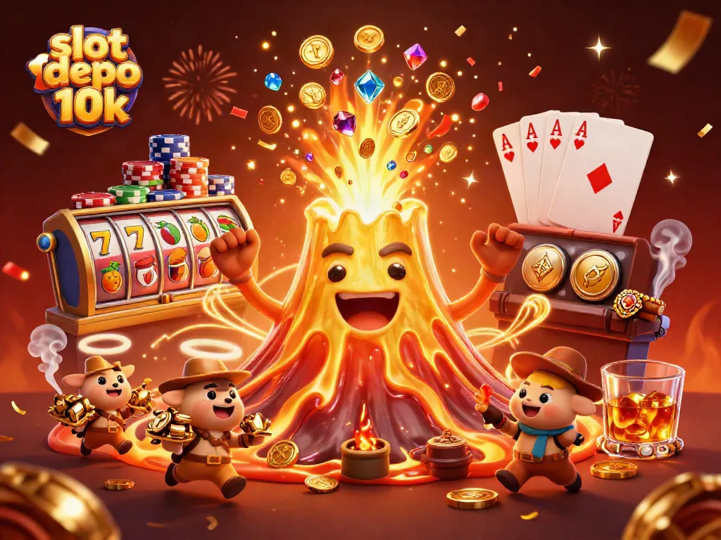 Spin the reels and win big with slot depo 10k, featuring treasure-hunting scenes and vibrant casino elements.