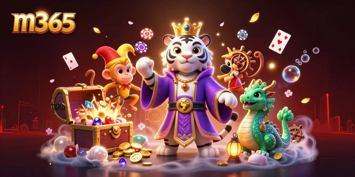 m365 offers players an exciting chance to win as the white tiger and golden monkey celebrate at a vibrant casino.