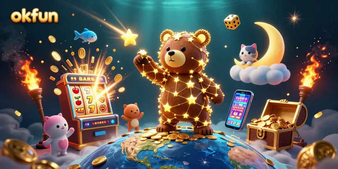 Experience the thrill of okfun with an enchanting 3D casino scene filled with vibrant slot machine symbols and whimsical characters.