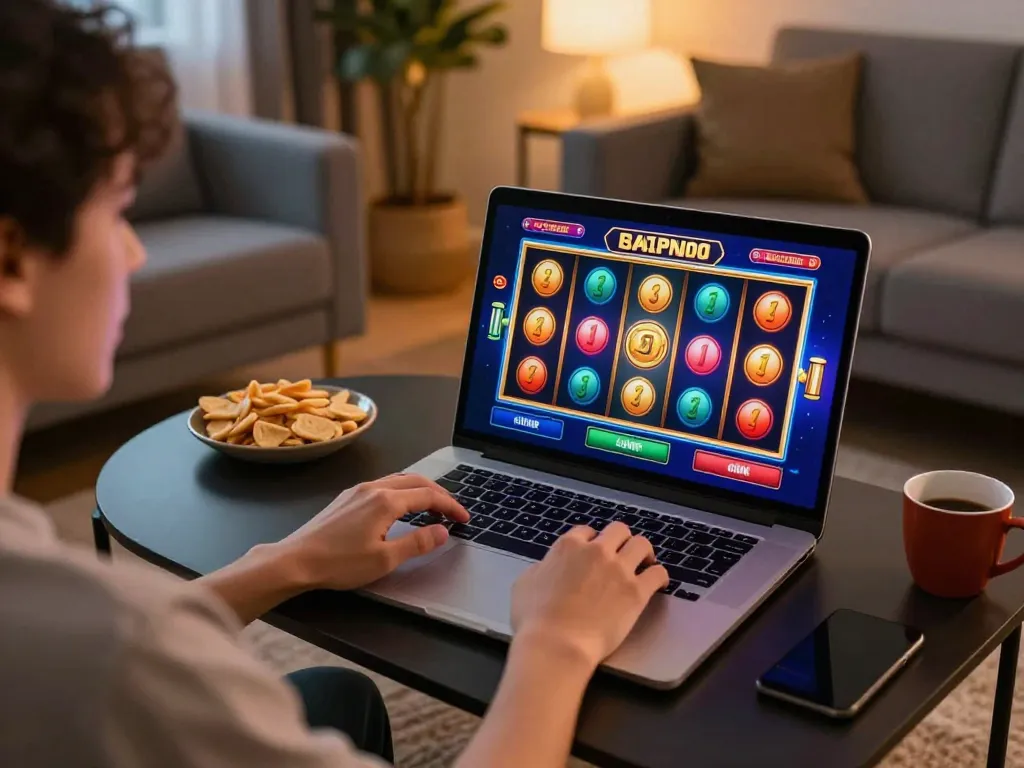 Engaging in a thrilling SLOT game session on a laptop in a cozy home setting.