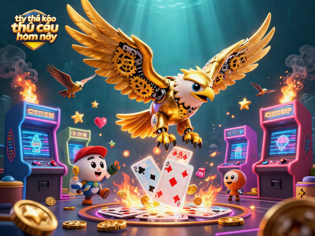 Tỷ lệ kèo nhà cái hôm nay showcases a vibrant scene with a golden eagle and dynamic gaming elements.