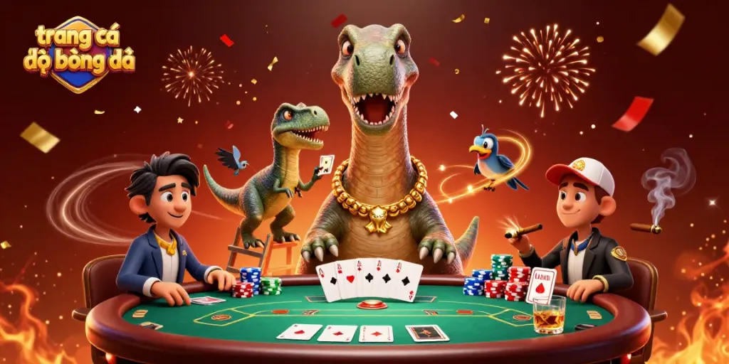 trang cá đọ bóng đá với các nhân vật hoạt hình 3D trong sòng bạc, bày biện các bàn và chip poker đầy màu sắc