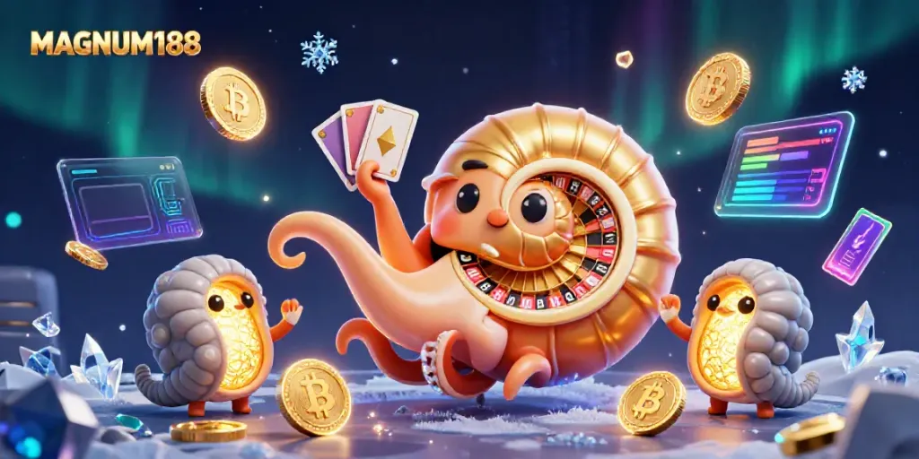 Engage in thrilling gameplay at MAGNUM188 with a vibrant 3D casino scene showcasing exciting games and crypto elements.
