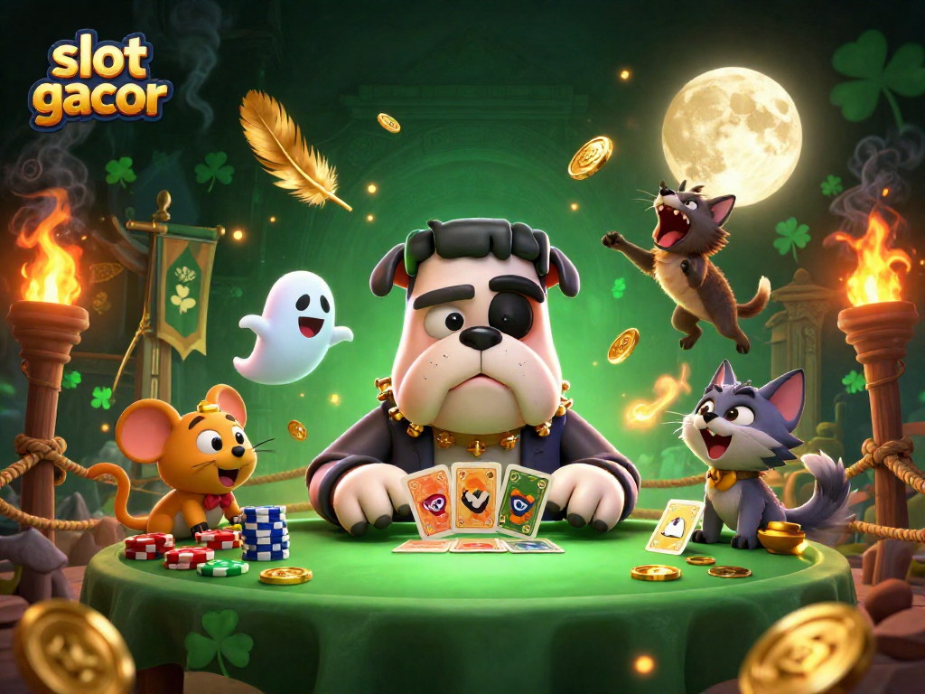 Engage in slot gacor gaming with a vibrant 3D illustration of quirky characters and casino elements.