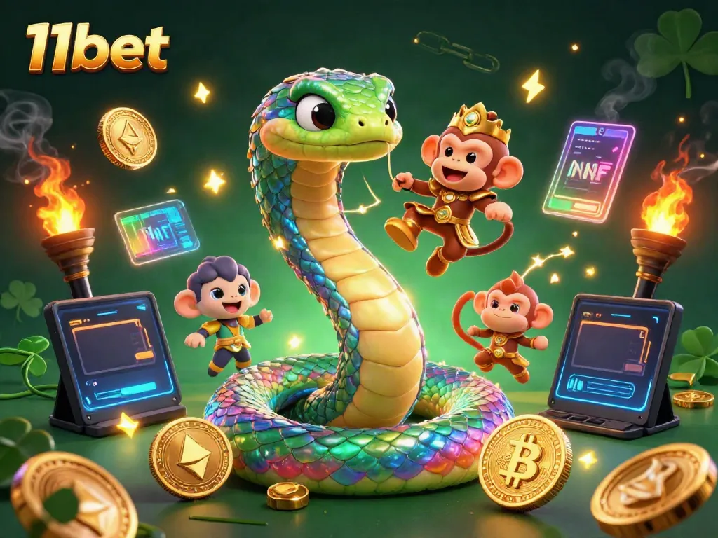 Engage with gaming excitement at 11bet, featuring vibrant characters and glowing crypto elements.