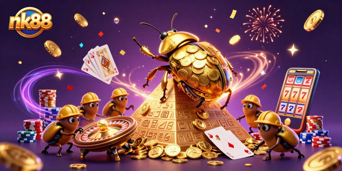 Experience the excitement of nk88 with vibrant casino-themed elements and a dynamic gold beetle scene.