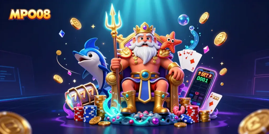 Spin the reels with MPO08 at exciting online slots surrounded by vibrant gold coins and gems