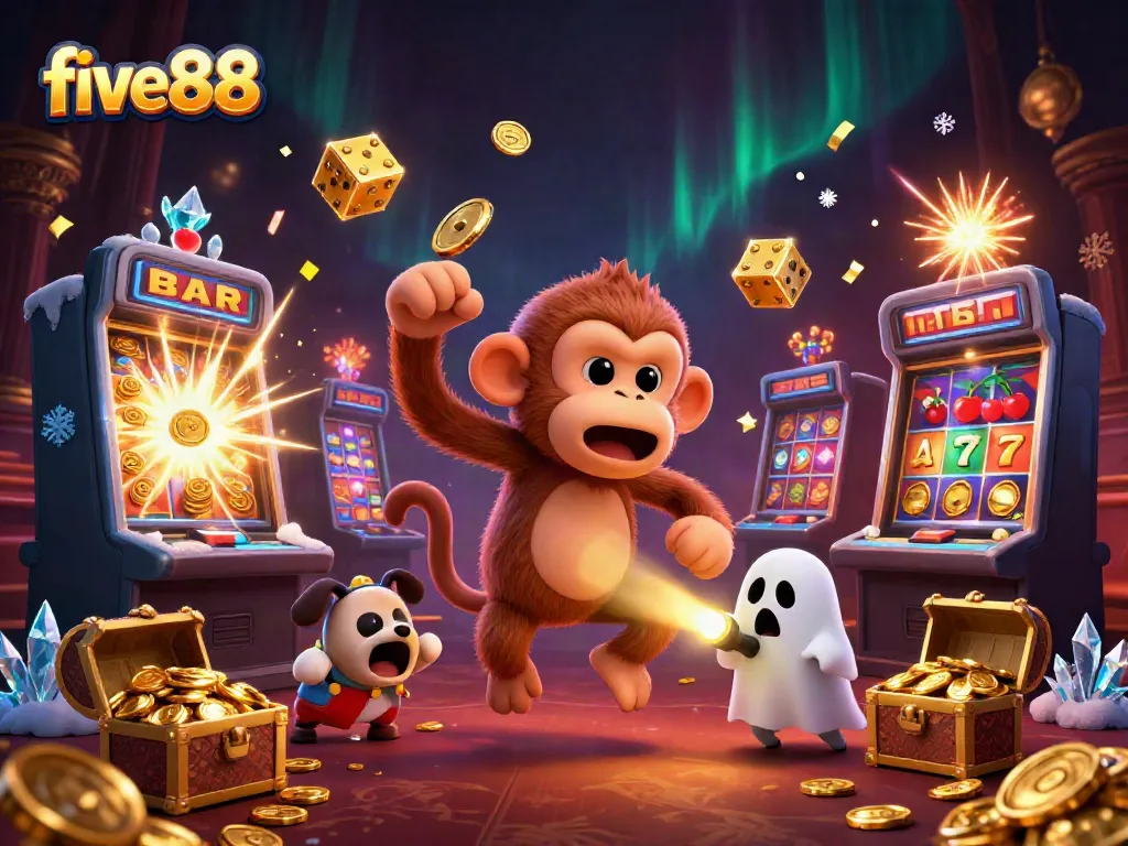 Experience the thrill of five88 with a playful poltergeist monkey and ghost-hunter puppy in a vibrant casino.